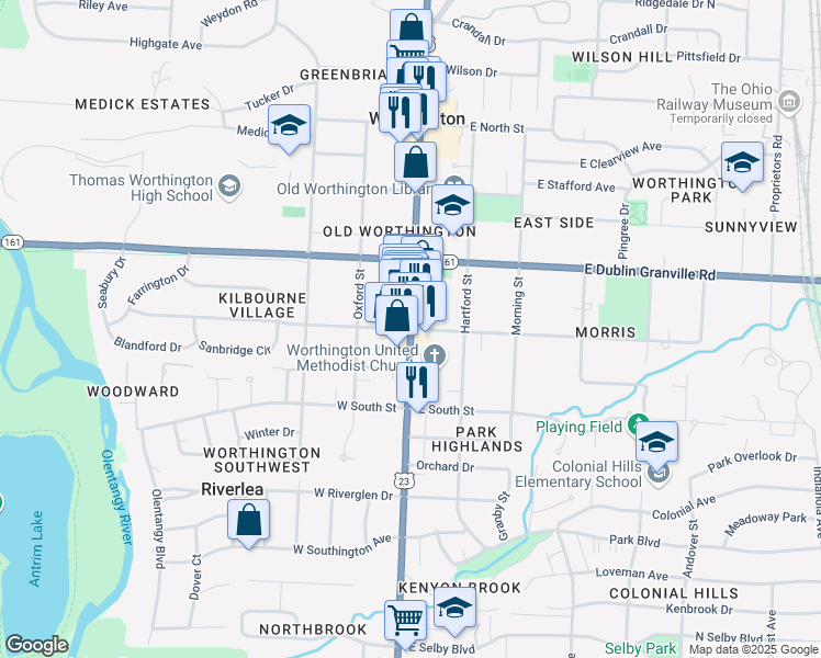 map of restaurants, bars, coffee shops, grocery stores, and more near 666 U.S. 23 in Worthington