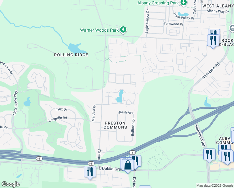 map of restaurants, bars, coffee shops, grocery stores, and more near 6096 Warbling Lane in Westerville