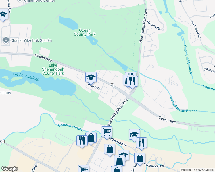 map of restaurants, bars, coffee shops, grocery stores, and more near 202 Susan Drive in Lakewood Township