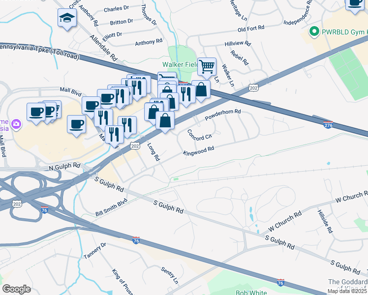map of restaurants, bars, coffee shops, grocery stores, and more near 142 Forge Road in King of Prussia
