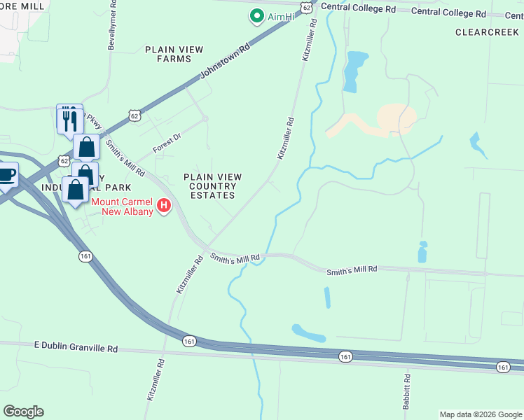 map of restaurants, bars, coffee shops, grocery stores, and more near 5850 Kitzmiller Road in New Albany