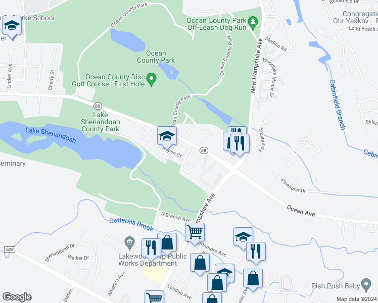 map of restaurants, bars, coffee shops, grocery stores, and more near 108 Susan Drive in Lakewood Township