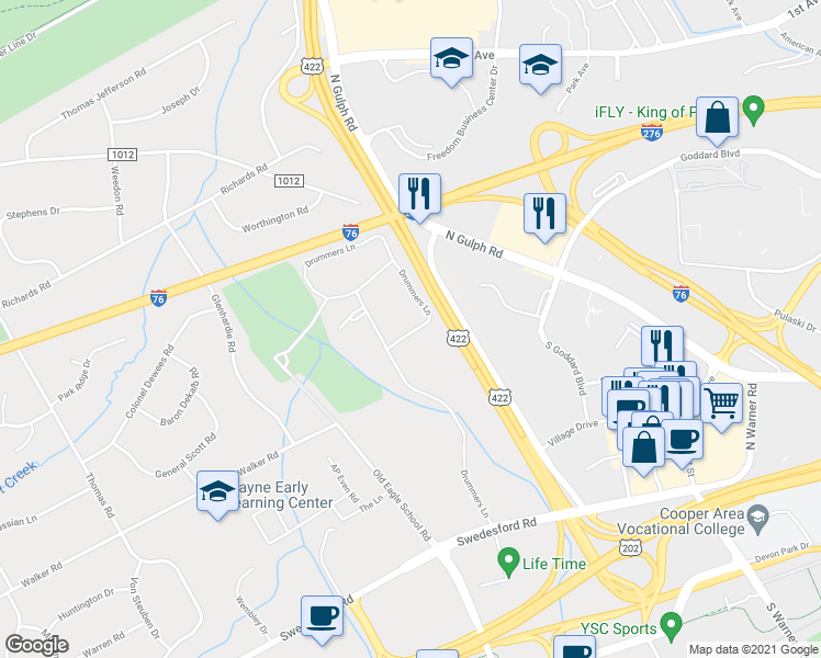 map of restaurants, bars, coffee shops, grocery stores, and more near 51 Drummers Lane in Wayne
