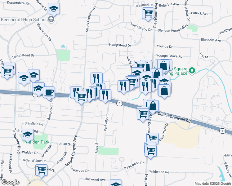 map of restaurants, bars, coffee shops, grocery stores, and more near 2350 East Dublin Granville Road in Columbus