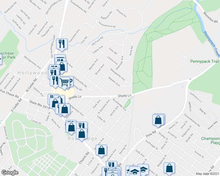 map of restaurants, bars, coffee shops, grocery stores, and more near 918 Standish Avenue in Huntingdon Valley