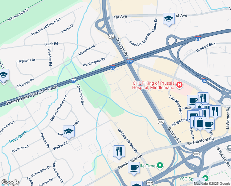 map of restaurants, bars, coffee shops, grocery stores, and more near 215 Drummers Lane in Wayne