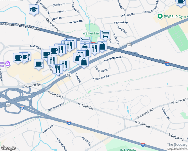 map of restaurants, bars, coffee shops, grocery stores, and more near 142 Forge Road in King of Prussia