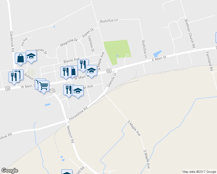 map of restaurants, bars, coffee shops, grocery stores, and more near 11 S Maple Ave in Leola