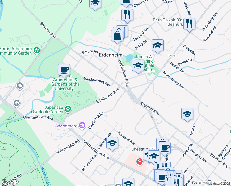map of restaurants, bars, coffee shops, grocery stores, and more near Hillcrest Road in Montgomery County