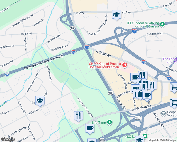 map of restaurants, bars, coffee shops, grocery stores, and more near 36 Drummers Lane in Wayne