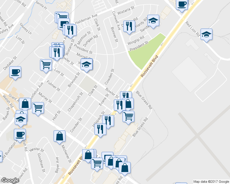 map of restaurants, bars, coffee shops, grocery stores, and more near 9754 Hilspach Street in Philadelphia