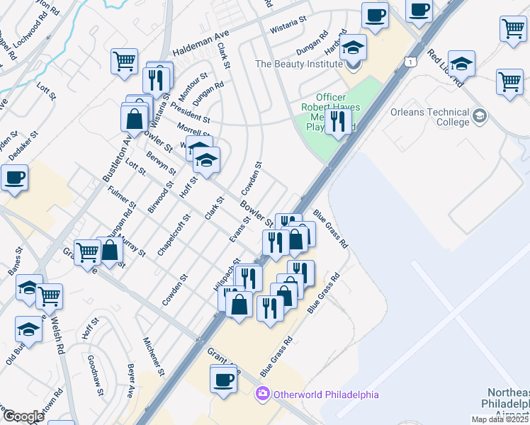 map of restaurants, bars, coffee shops, grocery stores, and more near 9754 Hilspach Street in Philadelphia