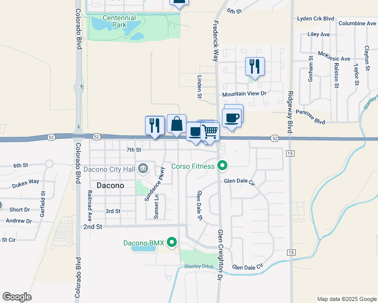 map of restaurants, bars, coffee shops, grocery stores, and more near 804 Gabriel Court in Dacono