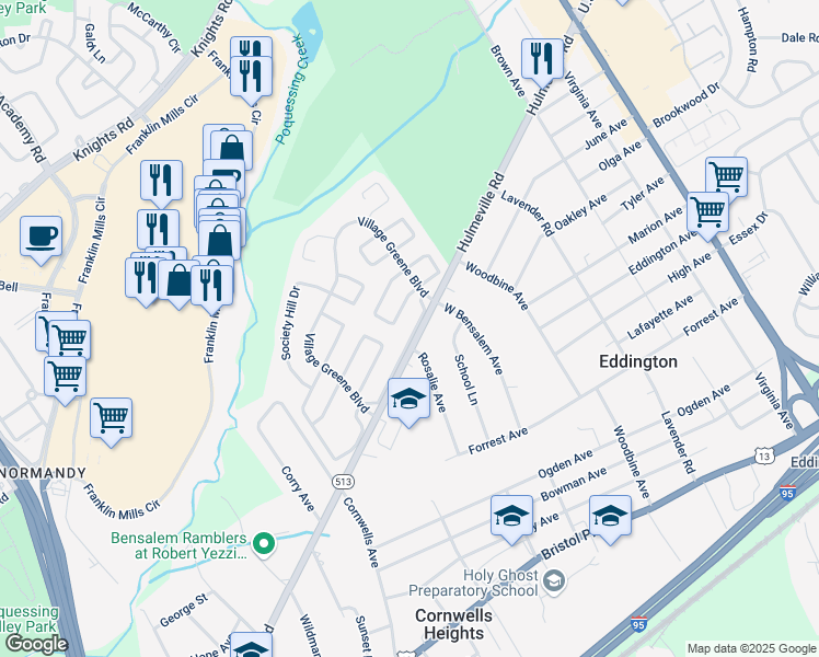 map of restaurants, bars, coffee shops, grocery stores, and more near 2429 New Market Square South in Bensalem