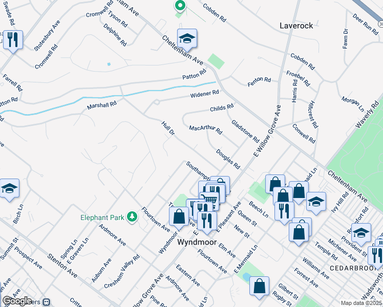 map of restaurants, bars, coffee shops, grocery stores, and more near 8206 Hull Drive in Wyndmoor
