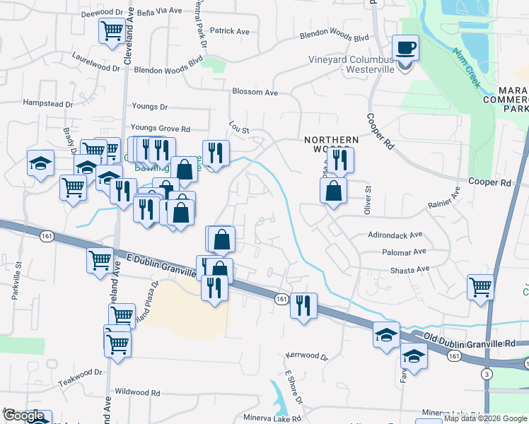 map of restaurants, bars, coffee shops, grocery stores, and more near 5668 Great Hall Court in Columbus