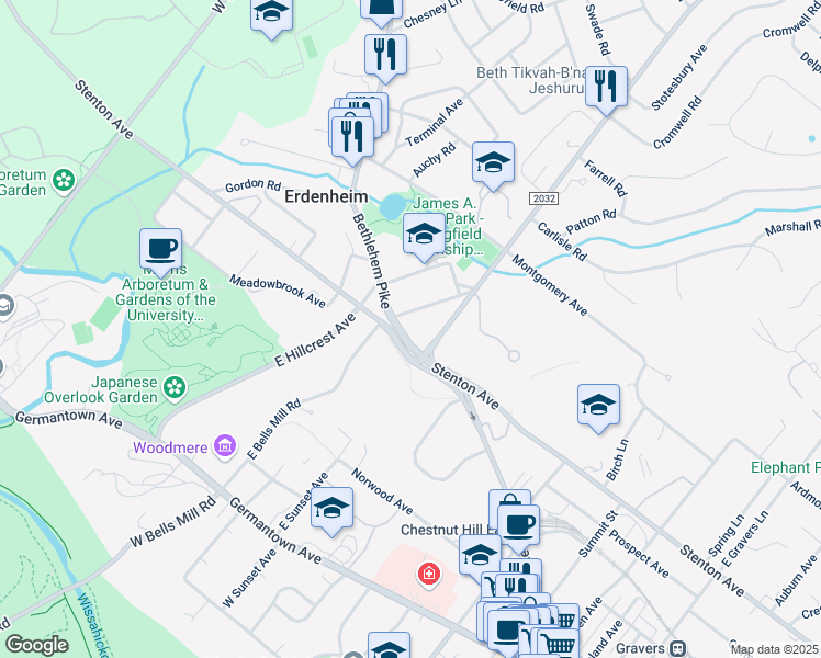 map of restaurants, bars, coffee shops, grocery stores, and more near 400 State Route 2018 in Glenside