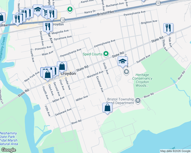 map of restaurants, bars, coffee shops, grocery stores, and more near 823 Rosa Avenue in Croydon