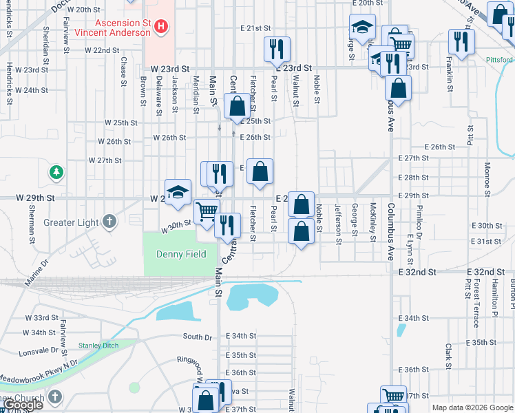 map of restaurants, bars, coffee shops, grocery stores, and more near 302 East 29th Street in Anderson