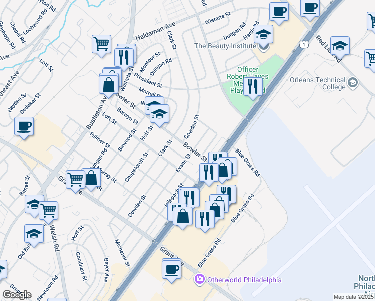 map of restaurants, bars, coffee shops, grocery stores, and more near 2120 Bowler Street in Philadelphia