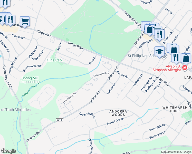 map of restaurants, bars, coffee shops, grocery stores, and more near 24 Almond Court in Montgomery County