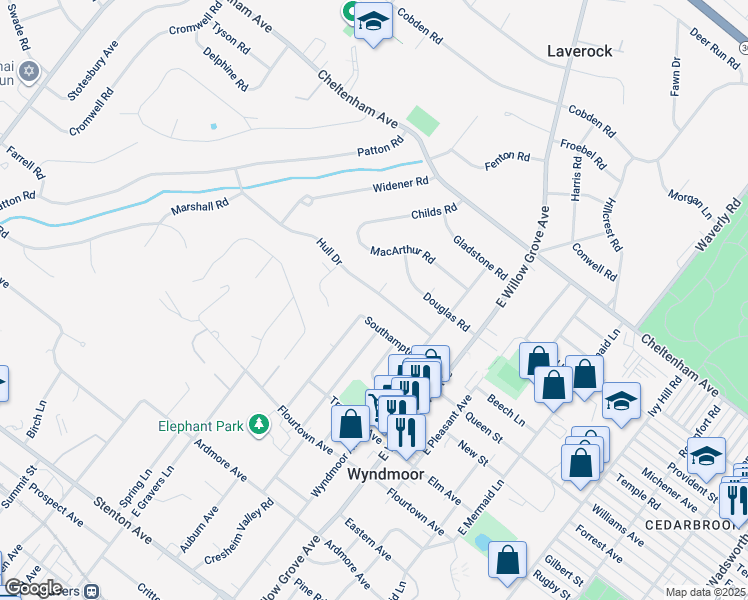 map of restaurants, bars, coffee shops, grocery stores, and more near 8206 Hull Drive in Wyndmoor