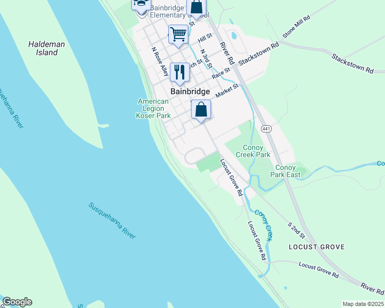 map of restaurants, bars, coffee shops, grocery stores, and more near 143 Overlook Drive in Bainbridge