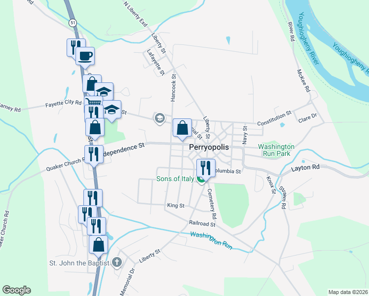 map of restaurants, bars, coffee shops, grocery stores, and more near 213 Independence Street in Perryopolis