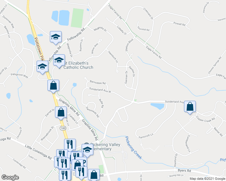 map of restaurants, bars, coffee shops, grocery stores, and more near 620 Sunderland Avenue West in Chester Springs