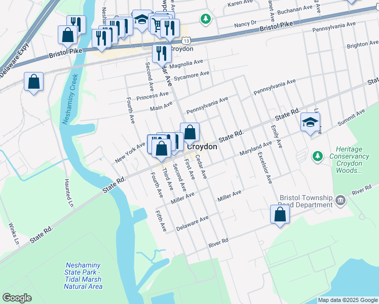 map of restaurants, bars, coffee shops, grocery stores, and more near in Croydon