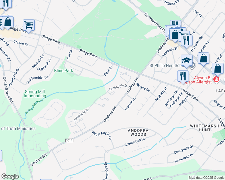 map of restaurants, bars, coffee shops, grocery stores, and more near 24 Almond Court in Montgomery County