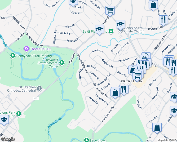 map of restaurants, bars, coffee shops, grocery stores, and more near 1021 Camas Drive in Philadelphia