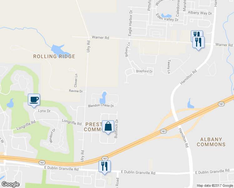 map of restaurants, bars, coffee shops, grocery stores, and more near 6096 Warbling Lane in Westerville