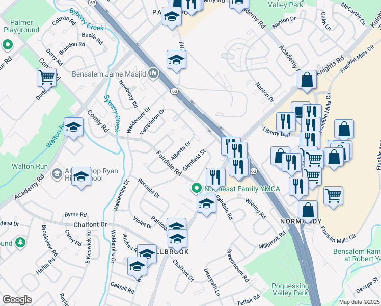 map of restaurants, bars, coffee shops, grocery stores, and more near 3888 Alberta Place in Philadelphia