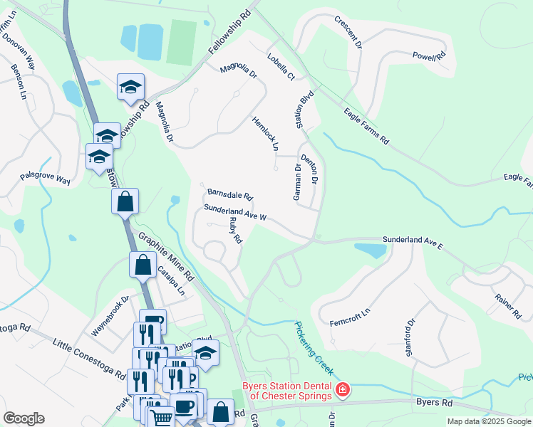 map of restaurants, bars, coffee shops, grocery stores, and more near 620 Sunderland Avenue West in Chester Springs