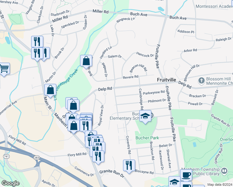 map of restaurants, bars, coffee shops, grocery stores, and more near 489 Parkwynne Road in Lancaster