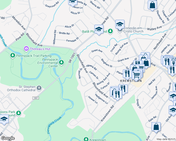 map of restaurants, bars, coffee shops, grocery stores, and more near 1021 Camas Drive in Philadelphia