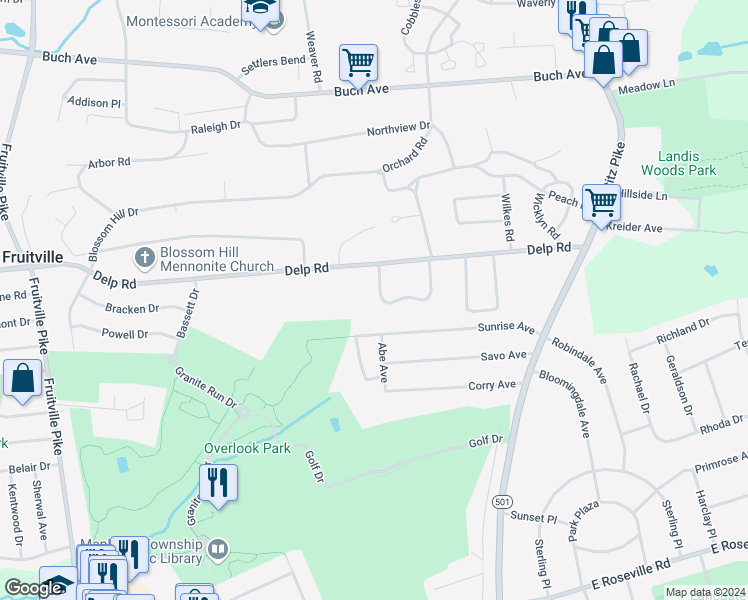 map of restaurants, bars, coffee shops, grocery stores, and more near 2253 Blossom Valley Road in Lancaster