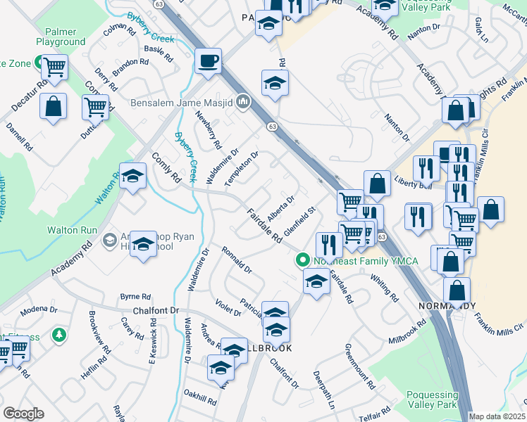 map of restaurants, bars, coffee shops, grocery stores, and more near 12013 Farwell Road in Philadelphia