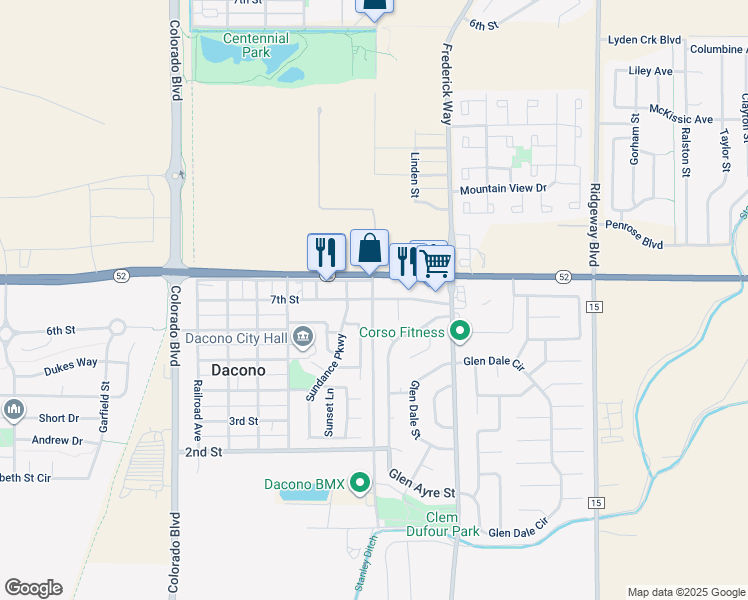 map of restaurants, bars, coffee shops, grocery stores, and more near in Dacono