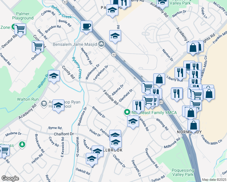 map of restaurants, bars, coffee shops, grocery stores, and more near 12022 Alberta Drive in Philadelphia