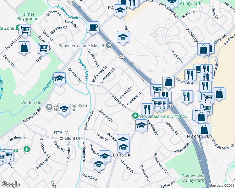 map of restaurants, bars, coffee shops, grocery stores, and more near 12013 Farwell Road in Philadelphia