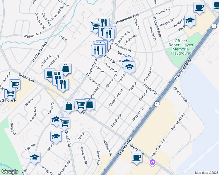 map of restaurants, bars, coffee shops, grocery stores, and more near 9652 Birwood Street in Philadelphia