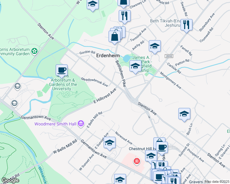 map of restaurants, bars, coffee shops, grocery stores, and more near 401 East Hillcrest Avenue in Glenside