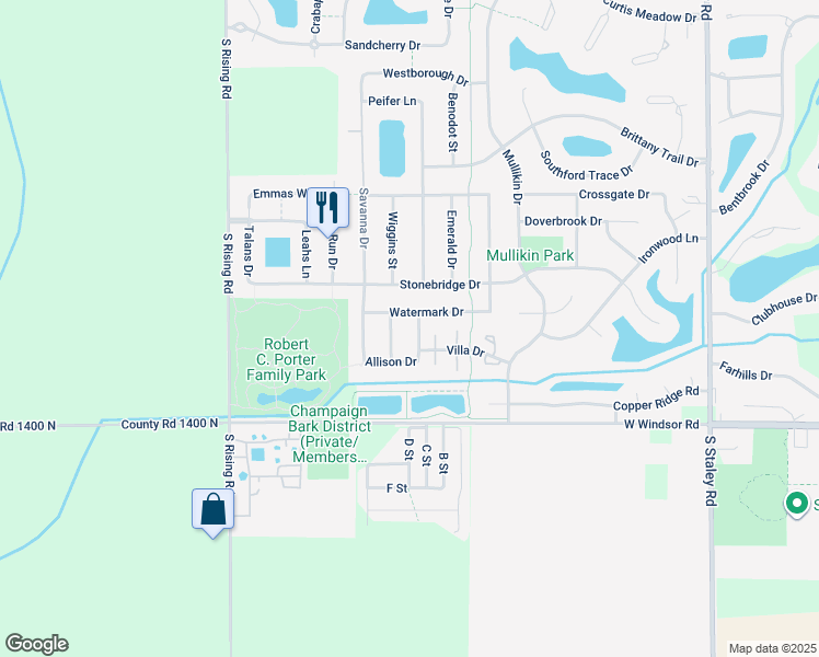 map of restaurants, bars, coffee shops, grocery stores, and more near 4801 Watermark Drive in Champaign