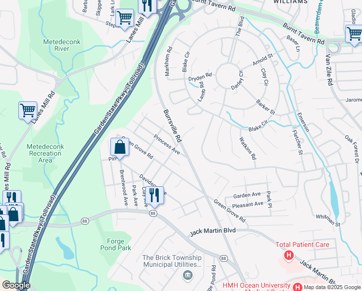map of restaurants, bars, coffee shops, grocery stores, and more near 1510 Patriot Avenue in Brick