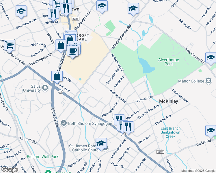 map of restaurants, bars, coffee shops, grocery stores, and more near 310 Evergreen Road in Jenkintown