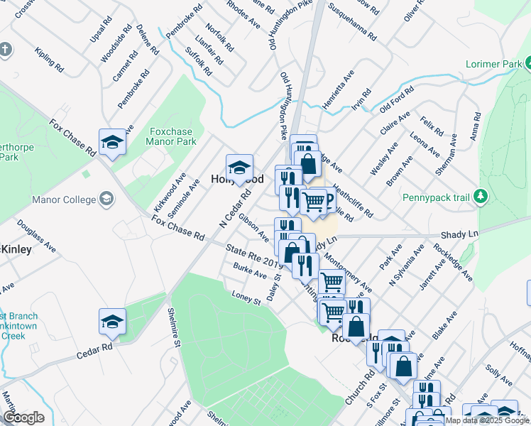 map of restaurants, bars, coffee shops, grocery stores, and more near 528 Pasadena Avenue in Jenkintown