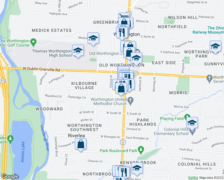 map of restaurants, bars, coffee shops, grocery stores, and more near 50 West New England Avenue in Worthington