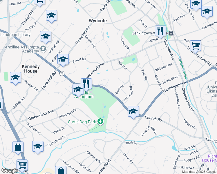 map of restaurants, bars, coffee shops, grocery stores, and more near 1249 Church Road in Wyncote